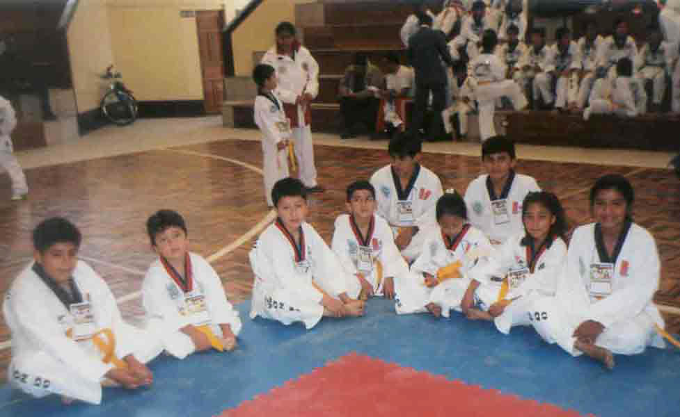 La delegaci�n Cajamarquina de menores de Tae Kwon Do ubicados en un �ngulo de su set de lucha.